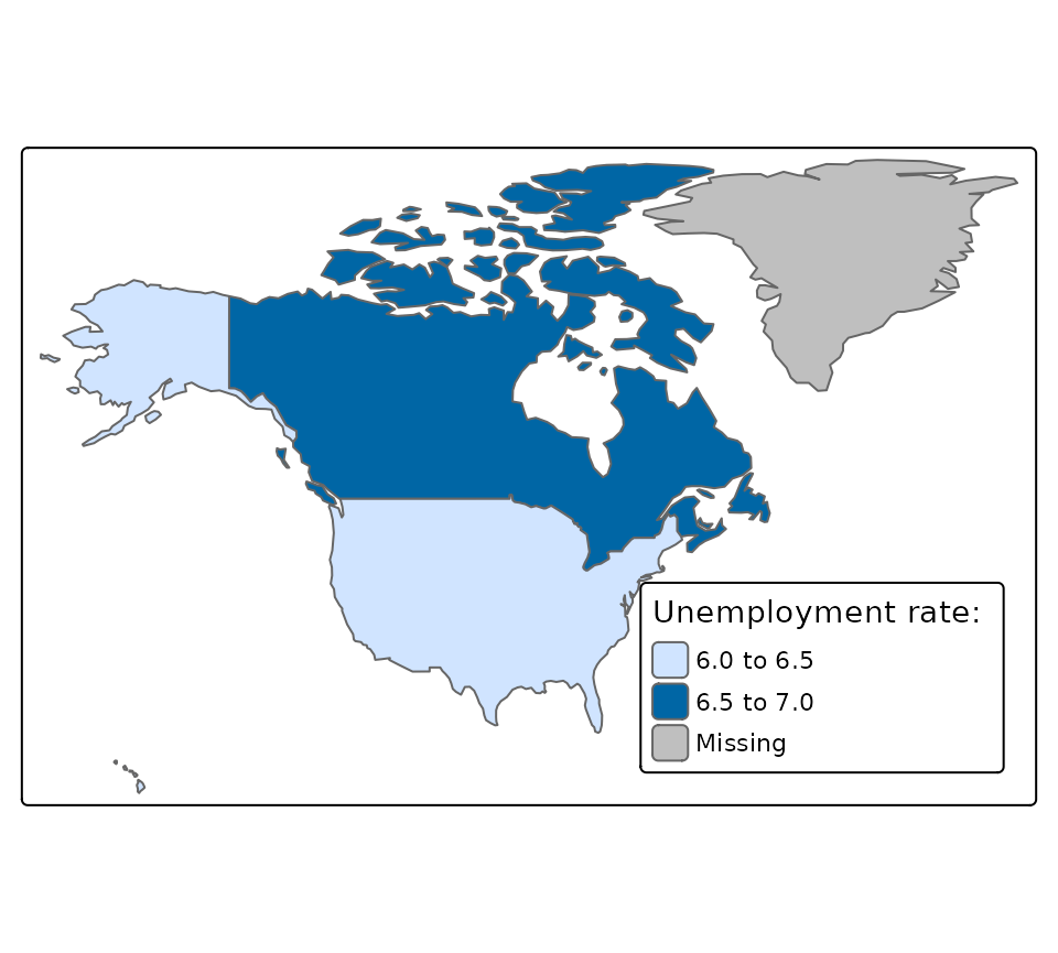 Figure 1. The unemployment rate (taken from World Bank statistics) in Canada and the United States to illustrate the utility of joining attribute data on to spatial datasets.
