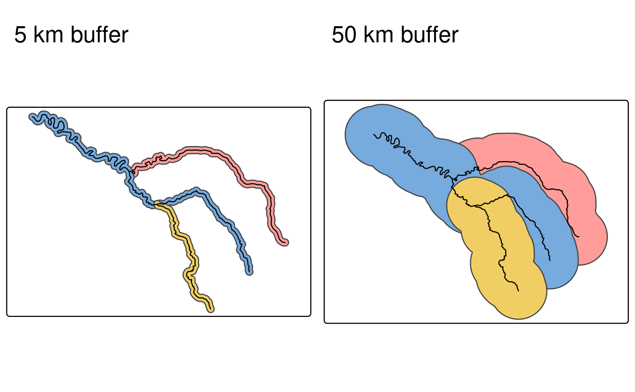 Buffers around the Seine dataset of 5 km (left) and 50 km (right). Note the colors, which reflect the fact that one buffer is created per geometry feature.