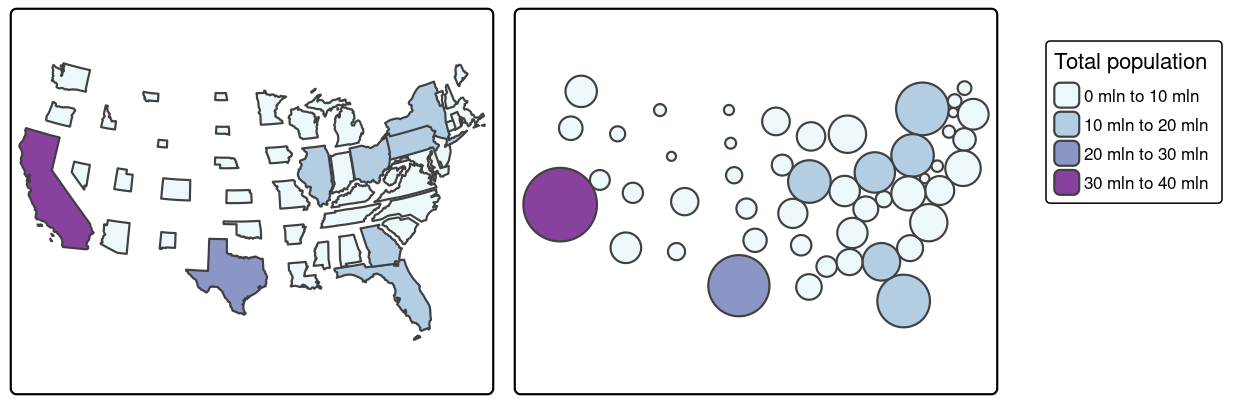 Comparison of non-contiguous area cartogram (left) and Dorling cartogram (right).