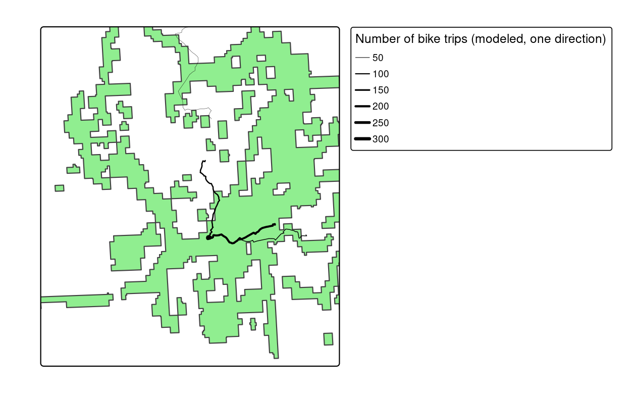 Potential routes along which to prioritise cycle infrastructure in Bristol to reduce car dependency. The static map provides an overview of the overlay between existing infrastructure and routes with high car-bike switching potential (left). The screenshot the interactive map generated from the `qtm()` function highlights Whiteladies Road as somewhere that would benefit from a new cycleway (right).