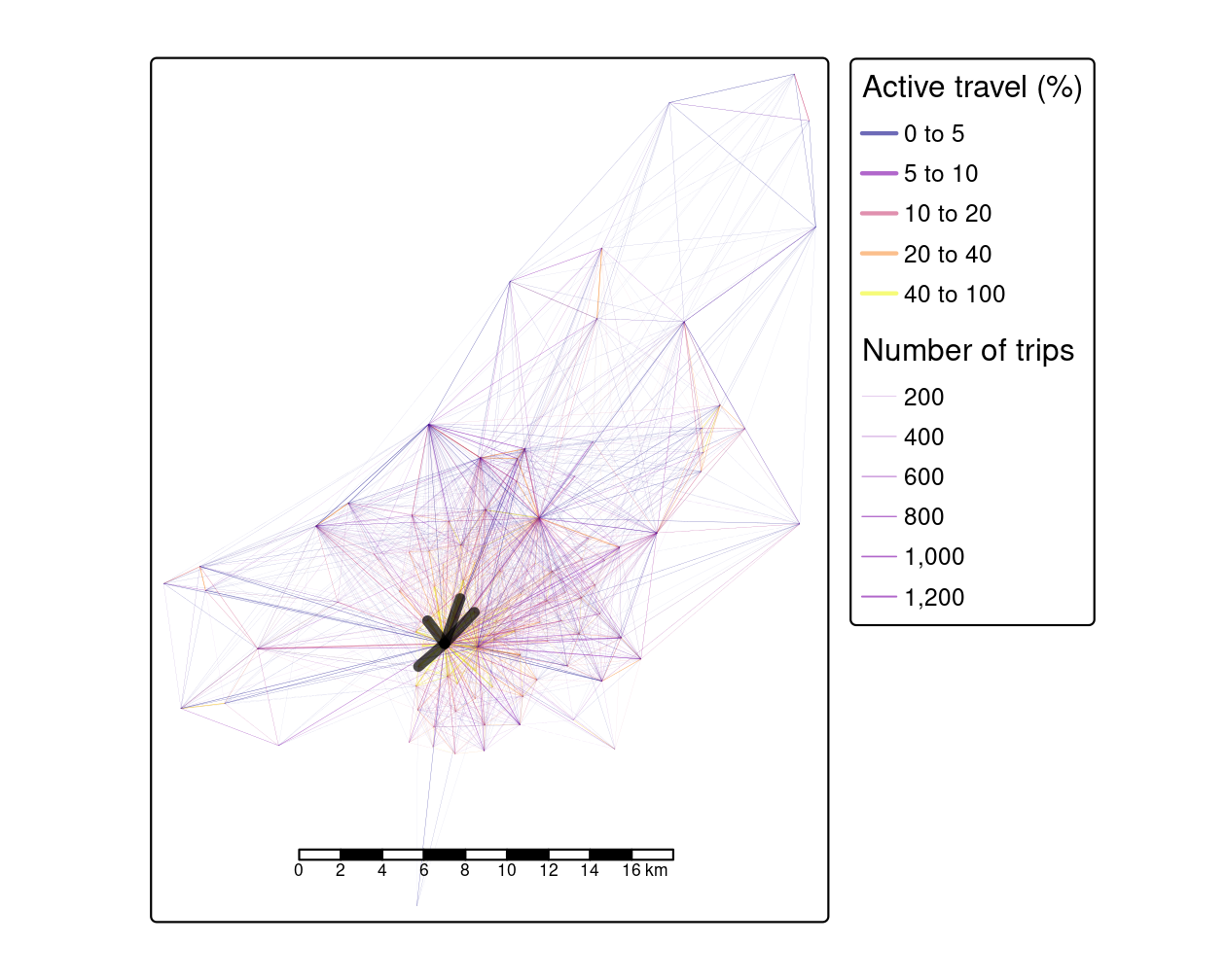 Desire lines representing trip patterns in Bristol, with width representing number of trips and color representing the percentage of trips made by active modes (walking and cycling). The four black lines represent the interzonal OD pairs in Table 13.1.