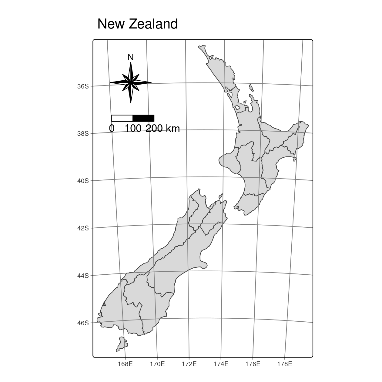 Map with additional elements: a north arrow and scale bar.