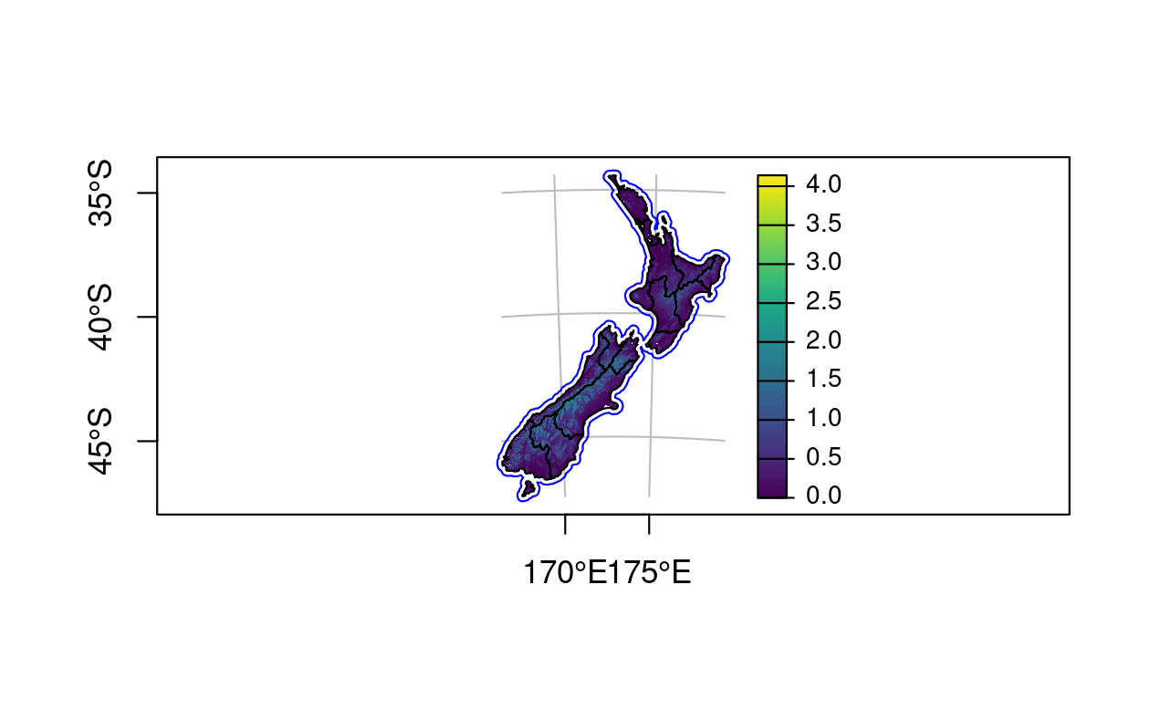 Map of New Zealand created with plot(). The legend to the right refers to elevation (1000 m above sea level).