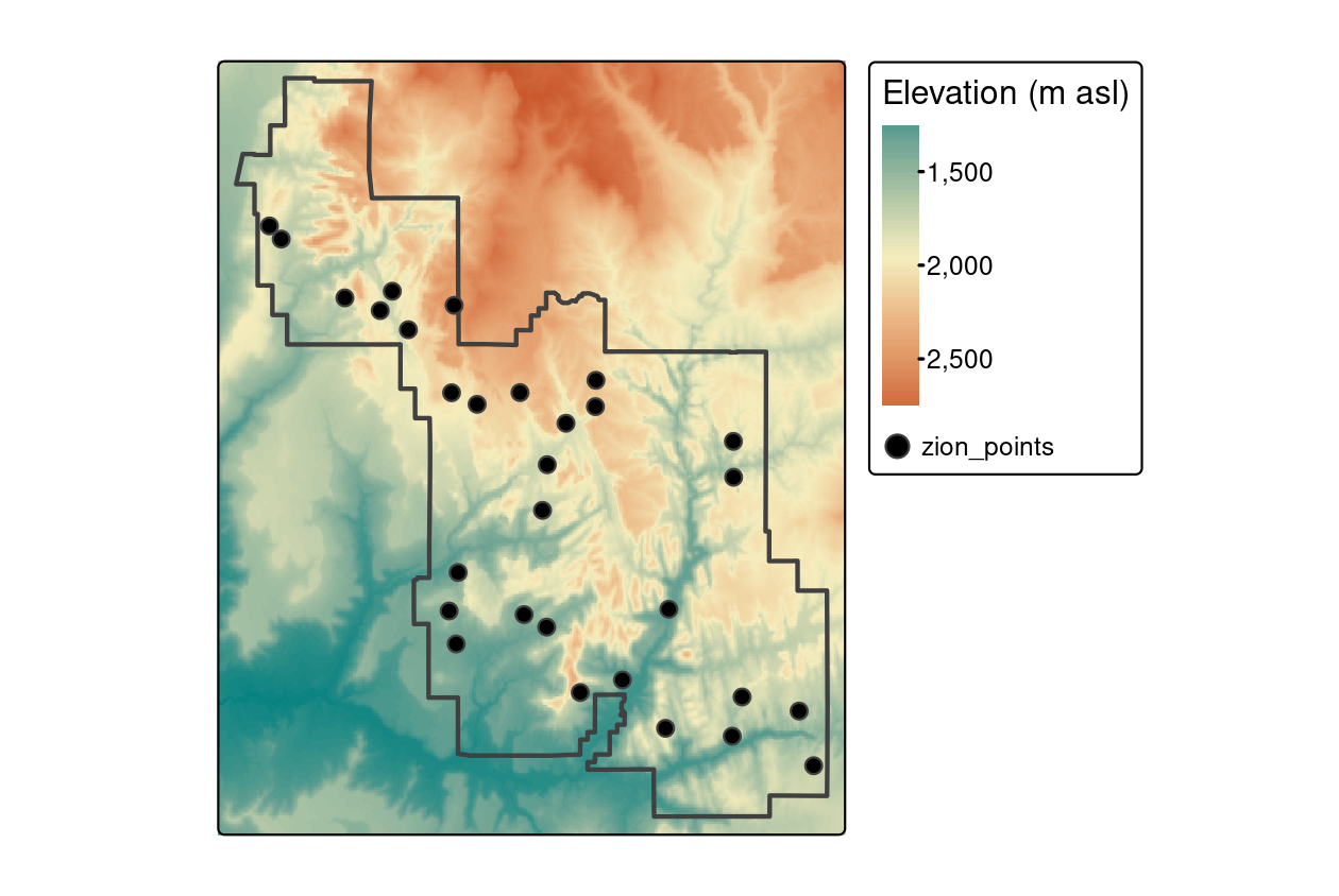 Locations of points used for raster extraction.