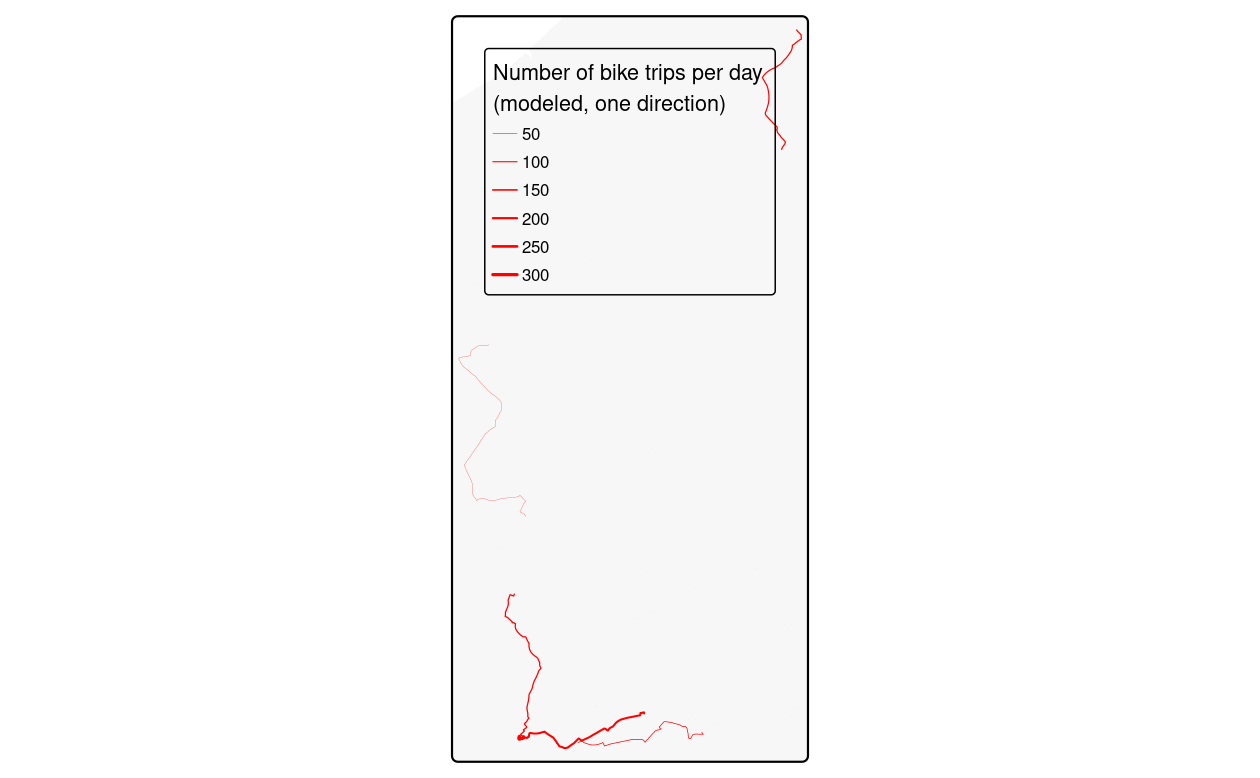 Illustration of the percentage of car trips switching to cycling as a function of distance (left) and route network level results of this function (right).