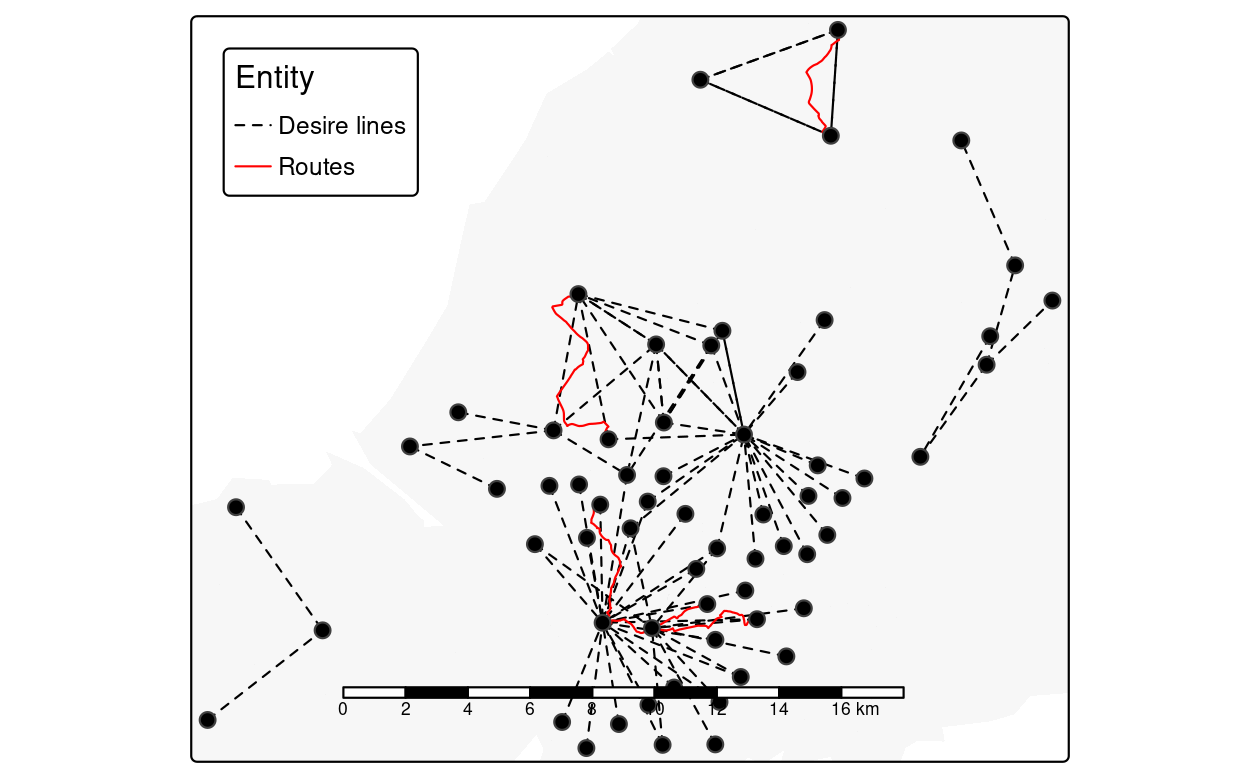 Routes along which many (100+) short (<5km Euclidean distance) car journeys are made (red) overlaying desire lines representing the same trips (black) and zone centroids (dots).