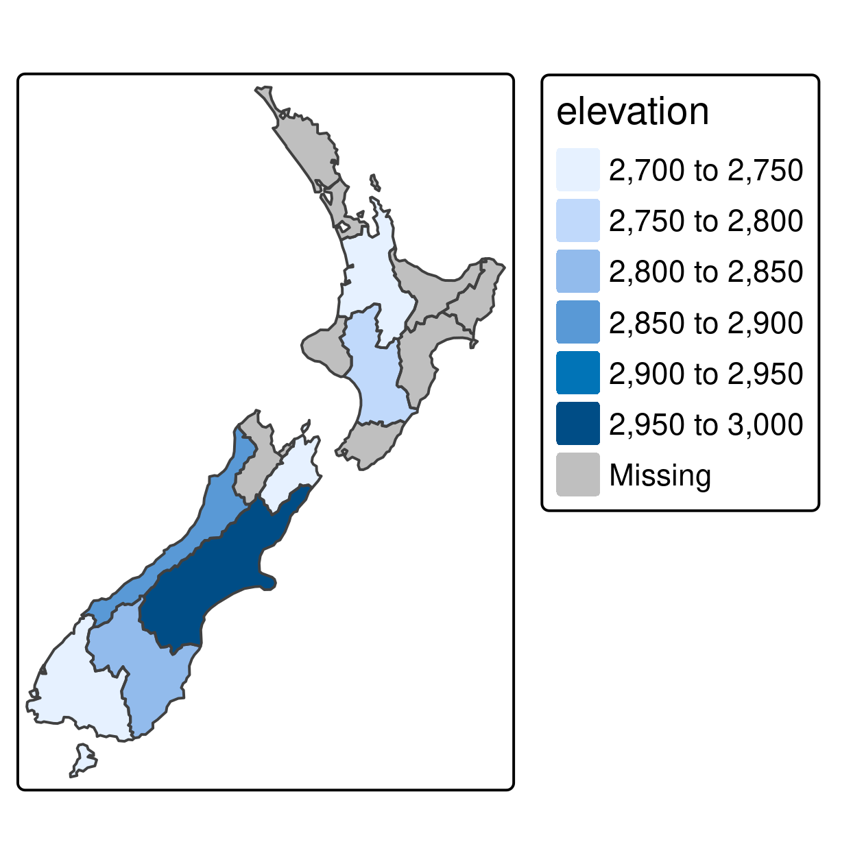 Average height of the top 101 high points across the regions of New Zealand.