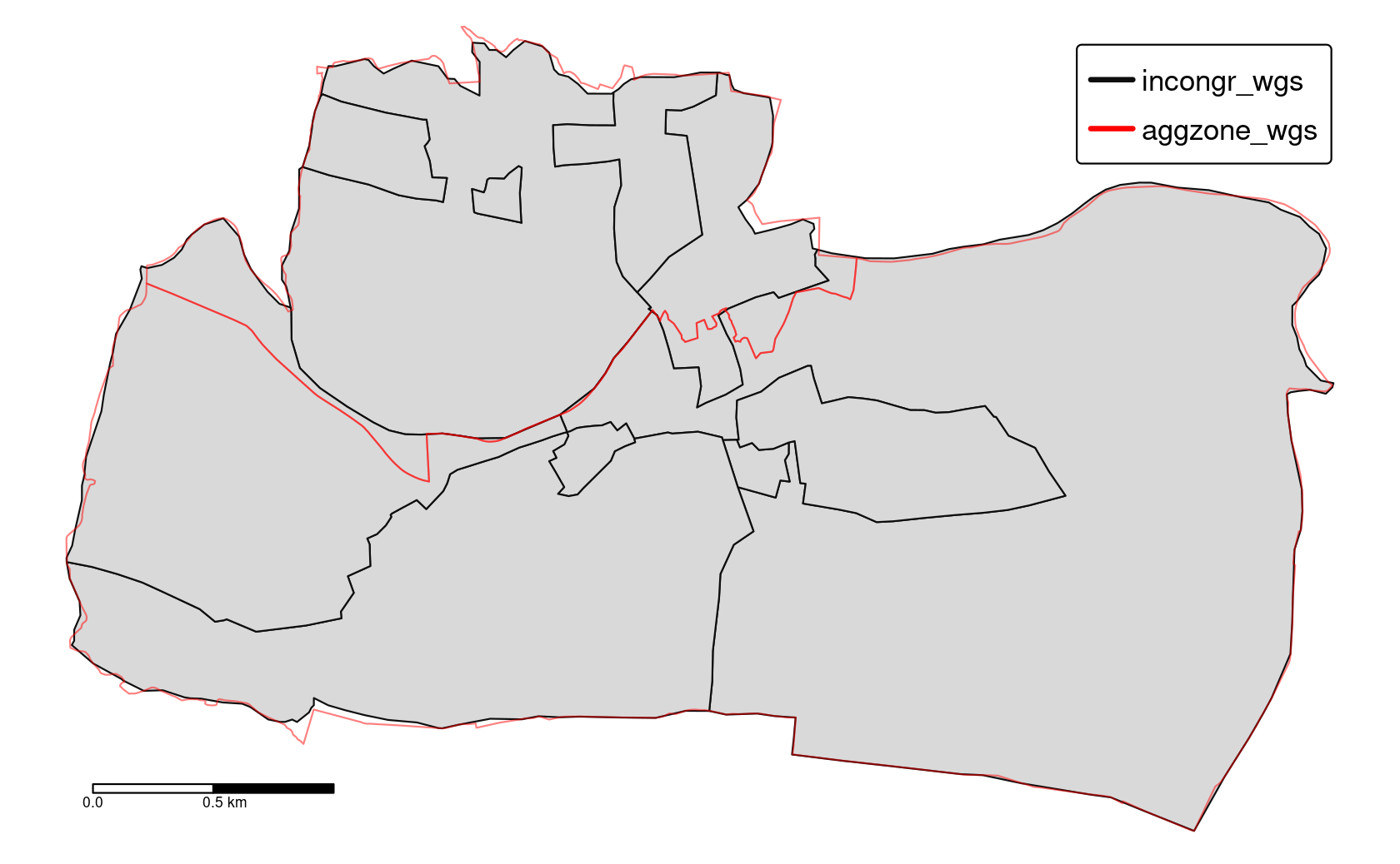 Two areal units: incongruent (black lines) and aggregating zones (red borders).