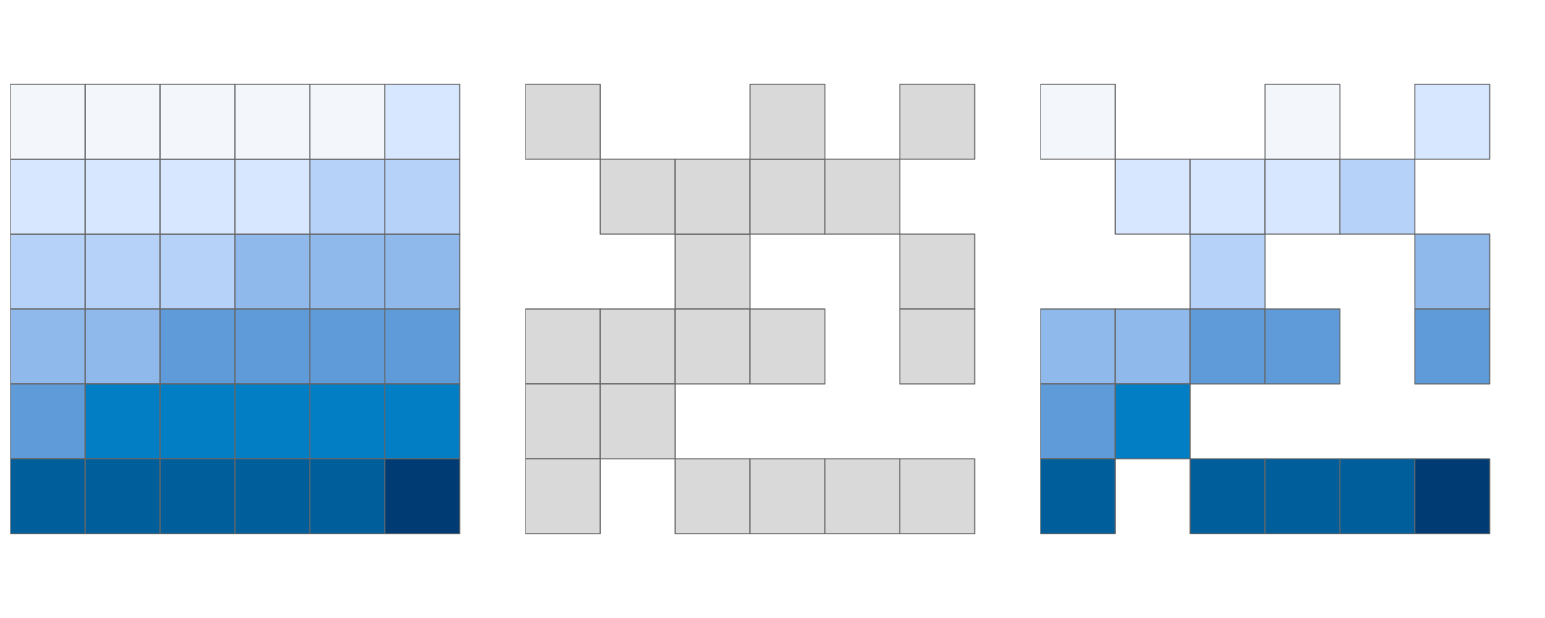 Original raster (left). Raster mask (middle). Output of masking a raster (right).