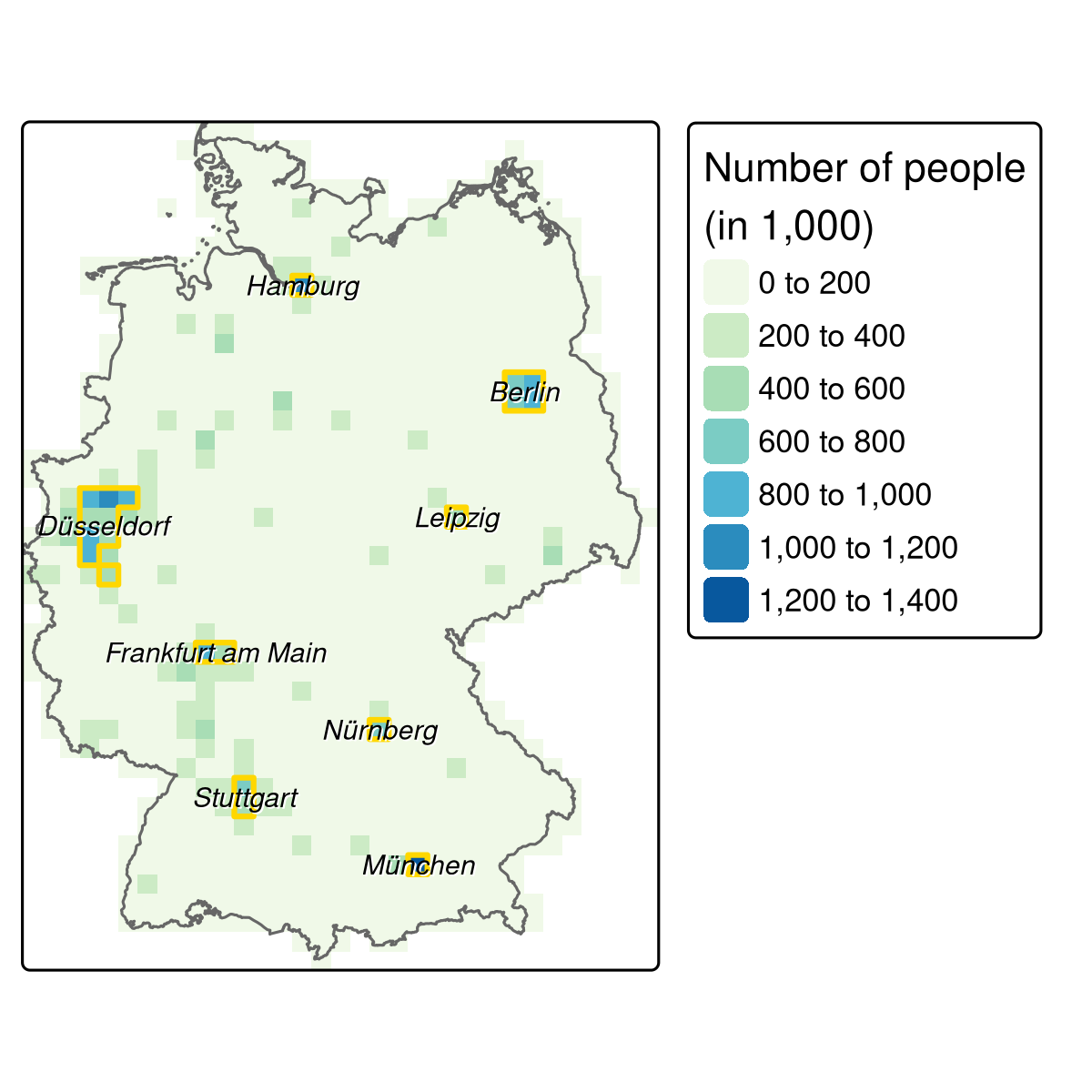 The aggregated population raster (resolution: 20 km) with the identified metropolitan areas (golden polygons) and the corresponding names.