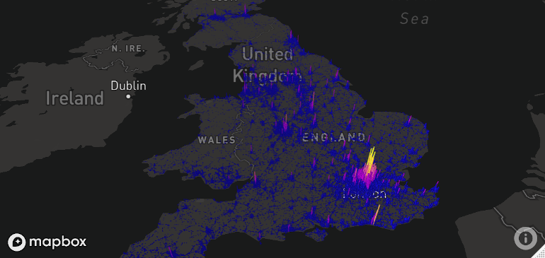 Map generated by mapdeck, representing road traffic casualties across the UK. Height of 1-km cells represents number of crashes.